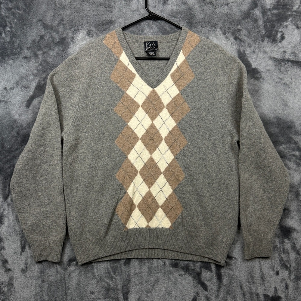 Jos. A. Bank Sweater Mens Large Grey Excellent Argyle Lambswool V-Neck Knit